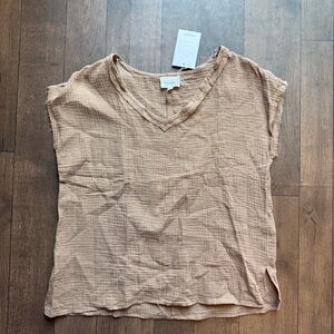 Andree By Unit Distressed Sleeveless V Neck Brown Top Women's Size Large Cotton